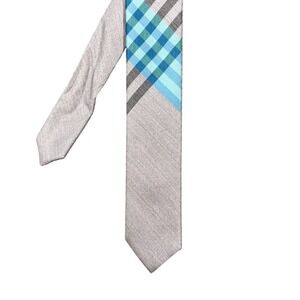 Express Grey Plaid Silk Blend Necktie Mens OS Slim Textured Blue Teal Geometric